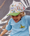 Casquette enfant San Francisco Hello Hossy : design original avec illustrations inspirées de la ville, visière verte et coupe tendance. Idéale pour un look fun et urbain !