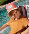 Casquette enfant Hello Hossy Mini Neo rose corail, jaune et filet bleu – casquette trucker enfant été tendance