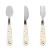 Set de couverts enfants Konges Slojd Navy Dots avec poignées crème à pois et motif fleuri