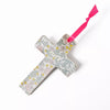 Croix porcelaine fleurie inscription Joie ruban rose décoration baptême naissance chambre enfant fille