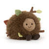 Peluche enfant marron effet bois avec feuilles et visage souriant