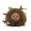 Peluche enfant marron effet bois avec feuilles et visage souriant