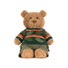 Peluche ours avec pull vert rayé et sac à dos style aventurier