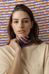 Grand ou petit foulard coton bleu rayé imprimé orange Homard Sébastien Apaches Collections