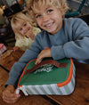 Snack et lunch bag rayé vert Hello Hossy avec fermeture zippée orange et poignée