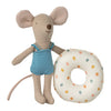 Souris Maileg Petite Sœur avec bouée à pois multicolores – jouet textile 11 cm